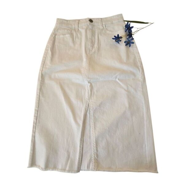 So Dresses & Skirts - NWOT So Womens Front Slit Frayed Hem High Rise Midi Denim Skirt White Size 7/28W